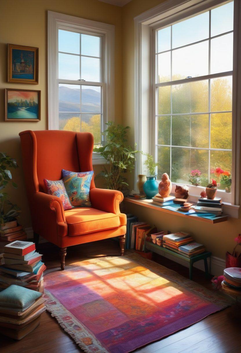 A cozy reading nook with an inviting armchair and a stack of colorful storybooks, surrounded by floating mystical storytelling elements like whimsical characters and enchanting landscapes. Soft sunlight filters through a window, casting warm shadows, while a cup of tea sits on a nearby table. The atmosphere should evoke a sense of adventure and inspiration. painting. vibrant colors. whimsical.
