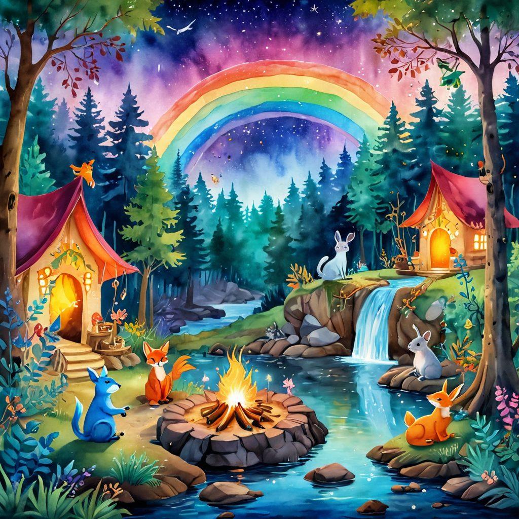 A magical, enchanted forest filled with colorful, anthropomorphic animals engaging in joyful storytelling around a glowing campfire. Include whimsical trees with oversized, vibrant leaves and twinkling fairy lights overhead. A rainbow arcs in the sky, cascading down into a sparkling river. Elements of fantasy and adventure, like hidden treasure chests and fluttering fairies, enhance the scene. watercolor illustration. vibrant colors. whimsical style.