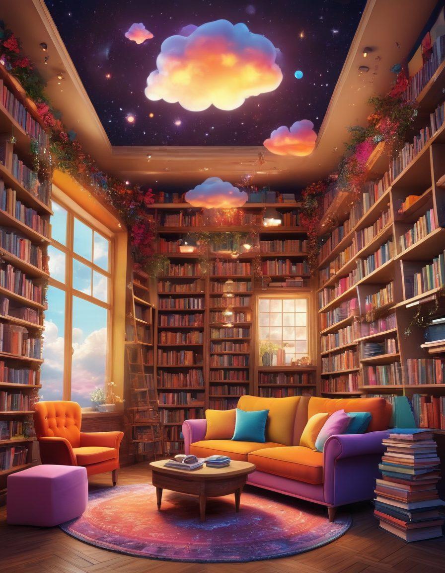 A whimsical scene depicting a vibrant bookstore filled with colorful books, where animated characters are joyfully reading and laughing together. Above them, floating whimsical clouds and sparkles symbolize magical stories coming to life around them. A cozy corner with plush seating and warm lighting invites readers into a world of joy. The atmosphere is lively and cheerful, conveying a sense of amusement. bright colors. vector art.